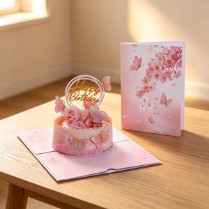 TEMU 3D 해피 버스데이 케이크 팝업 카드, 사쿠라와 나비 디자인, 여성용 우아한 핑크 플로럴 카드, 생일 및 모든 행사에 적합