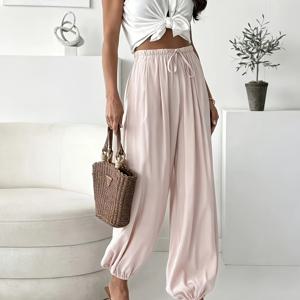TEMU 2026 New Vintage Elastic Waist Casual Jogger Pants, Lazy Style Elegant Women's Clothing, Figure-Flattering Loose Fit Lantern Summer Apparel for Travel and Vacation
