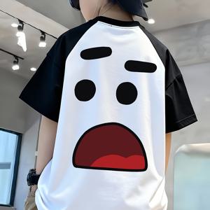 TEMU 여름 남아용 중대형 트렌디한 니치 블랙 앤 화이트 라글런 반팔 티셔츠