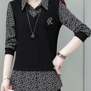TEMU 봄가을 패션 프린트 패치워크 여성 셔츠