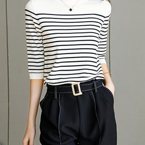 TEMU 새로운 봄/여름 여성용 패셔너블한 흑백 골지 풀오버 상의, 미드 슬리브, 라운드 넥, 심플하고 활용도 높은