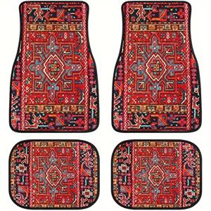 TEMU 4pcs 에스닉 스타일 레트로 패턴 카매트, 세련되고 쉽게 청소 가능한 다양한 모델용 올시즌 차량 매트