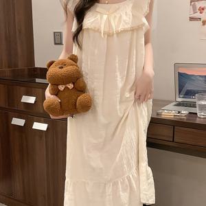 TEMU 벨트 고정형 가슴 패드 나이트드레스 프렌치 레이스 레이스 리본 슬링 나이트드레스 여름용 얇고 편안한 미디 기장 나이트드레스 가정복