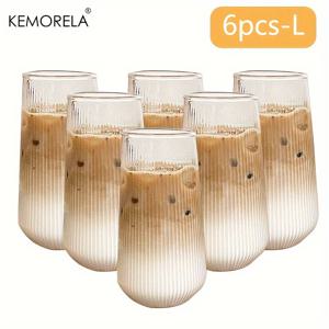 TEMU KEMORELA 4/6개 세로 줄무늬 유리컵, 두 가지 모델 선택 가능, 내열 유리 물컵, 우유컵, 주스컵, 커피컵, 음료수컵, 여름과 겨울용 드링크웨어
