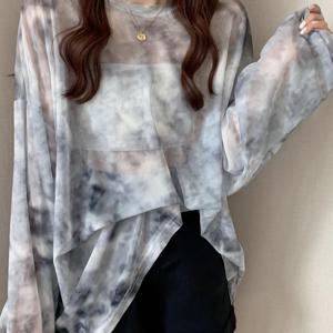 TEMU 여성용 빈티지 타이다이 긴팔 셔츠 - 가벼운 세미시어 메쉬 튜닉 탑, 라운드넥 여름 커버업, 기계세탁 가능한 캐주얼 비치웨어, 레이어링 피스, 레트로 감성 플루리 텍스처