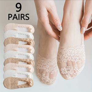 여름용 얇은 여성 플로럴 프린트 통기성 보트 양말 9켤레