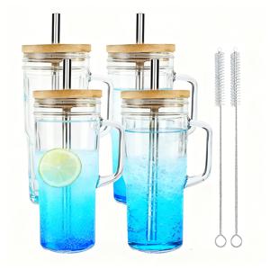 TEMU 4/2/1개, 뚜껑과 빨대가 있는 유리컵, 24Oz/700ml 손잡이 달린 유리 텀블러, 메이슨 자, 넓은 입구 재사용 가능한 음료 잔, 보바 컵 스무디 텀블러 아이스 커피 컵 여행용 머그, 주스, 맥주, 파티, 바, 가정, 선물용 버블 유리