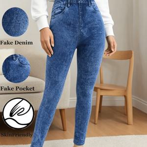 TEMU [프린팅 팬츠 - 데님 원단 아님] 우아한 패션 이미테이션 청바지 레깅스 표백 패턴 레깅스 여성용 스트레치 하이웨이스트 푸쉬업 인조 데님 아우터 팬츠