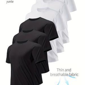 3개 검정, 3개 흰색 6pcs 세트, 초경량 남성용 라운드넥 티셔츠 - 속건성, 통기성, 땀 흡수 셔츠, 피트니스, 헬스, 러닝에 적합, 가볍고 편안함, 스포츠 피트니스 트레이닝 속건성 흡습성 반팔