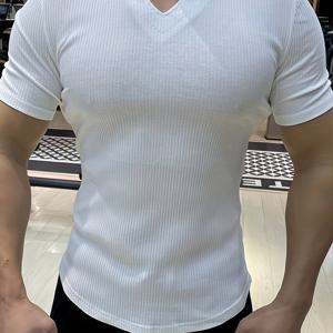 TEMU 남성용 아메리칸 스타일 여름 스포츠 통기성 티셔츠, 골지 슬림핏, 캐주얼 농구 훈련, 단색 V넥 반팔