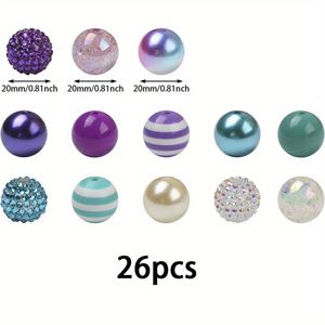 26개 대형 20mm 아크릴 비즈, 라인스톤 포함 - 주얼리, 필통 체인 및 공예 재료 제작에 적합 (블루 및 퍼플) 주얼리 제작용 비즈, 주얼리 제작용 유리 비즈