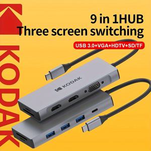 TEMU 코닥 USB-C 허브 9-in-1 & PD 입력 포트: Type-C 3A(최대), 출력 포트: USB3.0*3 + Type-C 3.0 충전(PD3.0 100W) + SD/TF 2.0 + HDTV(4K/)*2 + VGA(1080P/60Hz, 지원 기기: 컴퓨터/노트북/태블릿/휴대폰/프로젝터 등 모든 USB 장치