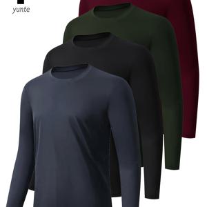 TEMU 4팩 남성 운동용 긴팔 크루넥 셔츠, 빠른 건조 폴리에스테르 니트 원단, 단색 스포츠 탑, 피트니스 및 캐주얼 아웃도어 활동용 레귤러 핏 - 그레이, 블랙, 올리브 그린, 딥 레드