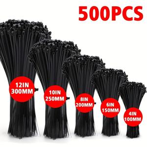 TEMU 500개 자체 잠금 블랙 지퍼 스트랩 - 다양한 크기 300/250/200/150/100mm - 가정, 사무실, 정원 및 작업장 케이블 관리에 적합, 실내 및 실외 사용에 적합