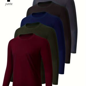 5pcs 세트, 다크 레드-아미 그린-네이비 블루-블랙-그레이 남성용 운동용 긴팔 라운드넥 셔츠, 속건성 탑, 피트니스 운동복, 캐주얼 야외 스포츠 웨어, 바디 쉐이핑 피트니스 웨어