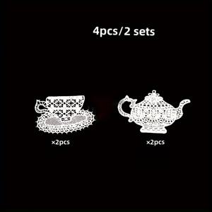 TEMU 4개/2세트 레이스 컵, 찻주전자, 자수 스티커, DIY 원단 조각, 3D 홀로우 수용성 자수 재킷 패치, 봉제 옷 패치, 배낭, 청바지, 티셔츠