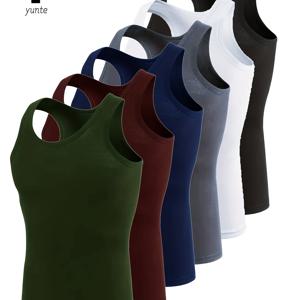 남성용 탱크탑 6개, 6가지 색상: 아미 그린, 다크 레드, 네이비 블루, 그레이, 화이트, 블랙. 패셔너블하고 통기성 좋으며 편안하고 속건성이 뛰어난 운동용 조끼. 남성용 여름 캐주얼 단색 상의. 헬스장 트레이닝용 남성 스웨트셔츠 상의