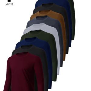남성용 긴팔 크루넥 셔츠 10개 세트, 딥 레드, 블랙, 네이비, 아미 그린, 화이트, 그레이, 카키, 블랙, 네이비, 아미 그린 - 피트니스, 캐주얼 아웃도어웨어, 바디 셰이핑, 헬스 트레이닝용 속건성 애슬레틱 상의