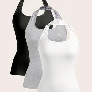 TEMU 여성용 캐주얼 심플 홀터넥 탱크탑 세트 3pcs, 여름 슬림핏 크롭탑