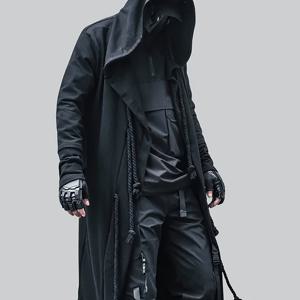 TEMU 남성 패션 스트리트 스타일 루즈핏 롱 셔츠 케이프, 퓨어 블랙, 후드 디자인, 스타일리시, 통기성, 피부 친화적, 캐주얼 가디건 코트, 로프 장식