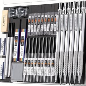 TEMU 34개 아트 메탈 제도 연필 세트, 실버, 블랙, 3개 아트 드래프팅 연필 0.5, 0.7, 0.9mm & 3개 2mm 제도 드로잉 연필 (384개 심 포함, 6B 4B 2B HB 2H 4H CR) - 필기, 스케치, 드로잉용