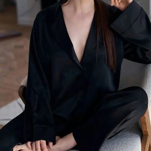 TEMU 2pcs 여성의 사계절 긴팔 파자마 세트, 여유롭고 편안함, 단색, 깊은 V-넥, 실크 여성용 라운지웨어