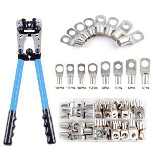 61피스 HX-50B 전문가용 압착 플라이어 키트, 6-50mm² 터미널 와이어 압착 플라이어, 10-1 AWG 배터리 케이블 러그 압착 도구, 60개 구리 링 터미널 포함, 배터리 케이블 및 러그용 헥스 압착 도구, 전기 커넥터 키트