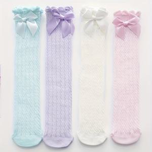 TEMU 어린이용 봄과 여름 리본 장사슬 양말, 얇은 무릎 길이 롱 스타킹, 직선형 소녀 중목 양말 2/4켤레