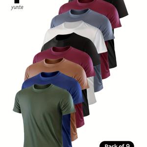 TEMU 9피스 남성용 라이트웨이트 크루넥 티셔츠 - 아미 그린, 네이비 블루, 카키, 버건디, 블랙, 화이트, 그레이, 버건디-블랙 믹스 - 빠른 건조, 통기성, 흡습성 셔츠, 피트니스, 헬스, 러닝용. 가볍고 편안한 스포츠, 운동, 트레이닝에 이상적인 빠른 건조 반소매