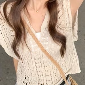 스위트 할로우 아웃 코바늘 V넥 조끼, 여성 여름 신상, 유니크 루즈 탑, 스타일리시하고 편안한 외출복
