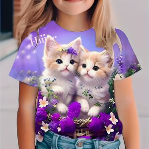 TEMU 여름 신상 고양이 티셔츠 3D 프린트 반팔 티셔츠 만화 보라색 두 마리 고양이 패턴 티셔츠 의류