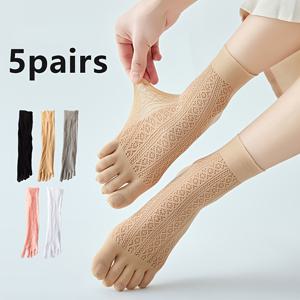 TEMU 여성용 아이스 섬유 메쉬 오迈趾 양말 5켤레, 중목양말, 얇은 여름 스타일, 통기성, 흡습성, 분리형 발가락 여성용 양말, 통기성 좋은 중목 얇은 스타일, 분리형 발가락
