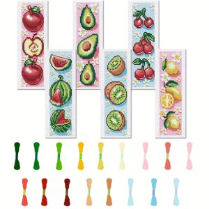 TEMU 과일 테마 십자수 책갈피 DIY 아트 키트 6개 세트 - 인쇄된 십자수 천 6개, 풍부한 자수 실, 자수 도구, 영어 설명서 포함 - 재봉 초보자 및 공예 애호가에게 적합 - 십자수 장식, 명절 선물