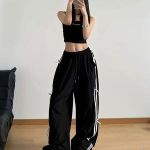 TEMU 미국 스타일 여성용 바지, 양쪽 , 보우 타이 드로스트링, 큰 포켓, 캐주얼 웨어를 위한 루즈핏 - 블랙 색상