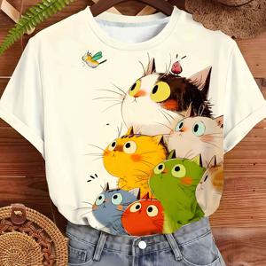고양이 단체 초상화 프린트, 라운드넥 반팔 티셔츠, 편안한 데일리 출퇴근용, 귀여운 고양이 가족, 패셔너블한 여성 의류, 여성용 티셔츠
