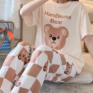 TEMU 청소년 여름 체크무늬 곰 캐릭터 패턴 파자마 세트, 편안한 홈웨어