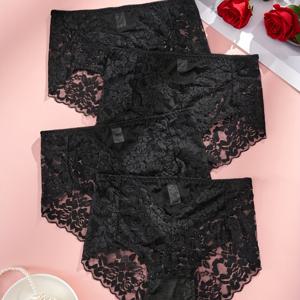 TEMU 여성용 하이웨이스트 레이스 트림 팬티 4pcs - 부드러운 대비 레이스 속옷, 시스루 없는 편안한 무봉제, 섹시한 데일리 팬티 (블랙), 레이스 팬티, 섬세한 란제리 스타일, 피부 친화적 소재, 무봉제 구조, 편안한 속옷, 여성스러운 스타일, 가벼운 소재, 스타일리시한 여성용
