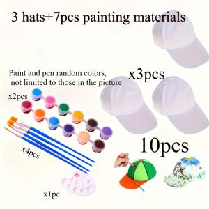 TEMU 랜덤 색상 페인트 및 펜 10개 세트, DIY 야구 모자 3개 + 페인팅 재료 7개(페인트, 펜, 트레이) 포함. 야구 모자 아트 페인팅 모자, 야외 스포츠, 학교 활동, 휴가 여행에 적합한 캐주얼 모자