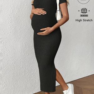 TEMU 임산부용 여름 반팔 드레스 - 솔리드 컬러 러플 밑단 & 벨리밴드 핏 임신복, 산부인과 방문, 병원, 캐주얼 착용에 적합 - 세탁기 사용 가능 솔리드 컬러 드레스