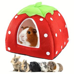 TEMU 딸기 디자인 소형 애완동물 침대 - 겨울용 따뜻한 세탁 가능한 폴리에스터 은신처, 친칠라, 햄스터, 토끼 & 페렛을 위한 아늑한 내구성 있는 케이지 액세서리와 귀여운 동물 쉼터, 부드러운 질감의 실내