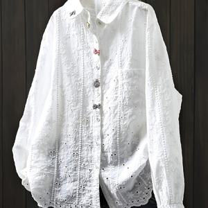 여성 화이트 리본 모조 자카드 셔츠, 여성 루즈핏 가을 문학 캐주얼 다용도 긴팔 상의, 세탁기 사용 가능, 반투명 레이스 버튼 플래킷, 출퇴근 데일리 웨어**