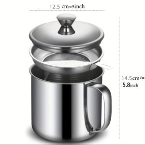 스테인리스 스틸 휴대용 저장/필터 용기 1.3L, 스테인리스 스틸 손잡이 포함, 뚜껑 포함 그리스 필터, 고온 저항 스트레이너, 오일 병, 뚜껑 포함, 쉬운 세척, 그리스 잔여물 분리기