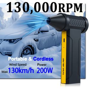 TEMU 130000RPM 휴대용 터보 제트 블로워, 4단 기어 조절 바람 핸드헬드 에어 블로워, 200W 전력 먼지 제거용 전동 블로워, USB 충전, 먼지/눈 제거용 에어, PC 청소, 차량용 낙엽 제거, 야외 사용