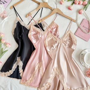 TEMU 여성 솔리드 레이스 패치워크 편안한 섹시 홈 캐미 드레스 3pcs 세트