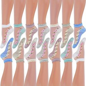 14켤레 양말 여름 얇은 양말 여성용 유리 보트 양말 귀여운 꽃무늬 레이스 숏 양말 - 퍼플, 그린, 블루, 화이트, 아프릭트, 그레이 - 가족 및 친구를 위한 최고의 여름 선물