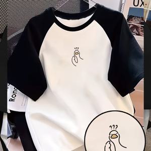 Y2K 일본스러운 프레쉬 스타일! 물음표 오리 프린트 컬러 블록 반팔 티셔츠, 귀엽고 압도적! 영혼을 찾는 오리 패턴, 컬러 블록 반팔 티셔츠, ! 재미있는 물음표 오리 프린트, 컬러 블록 트렌디한 반팔 티셔츠