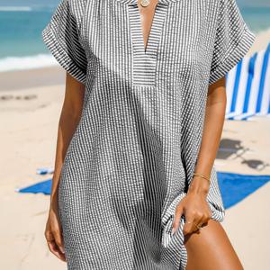 TEMU 여성용 여름 브이넥 루즈핏 원피스 스커트, 가정, 휴가, 비치 가운용, 편안하고 통기성 좋은 원단의 비치 드레스