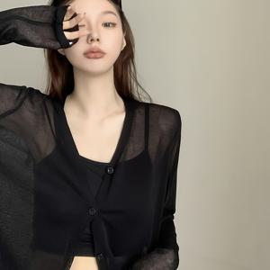 TEMU 여성용 아이스 슬리키 파이버 패브릭 V넥 가디건 재킷, 여름 레이어링 탑과 스파게티 서스펜더 드레스, 긴 소매 얇은 블랙 블라우스