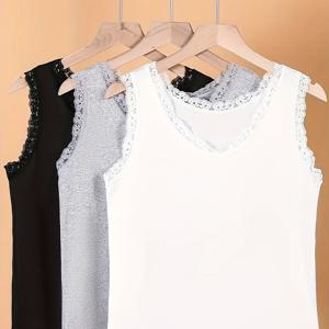 3pcs 단색 대비 레이스 캐미솔 세트, 캐주얼웨어용 활용도 높은 라운드넥 탱크탑, 여성 속옷