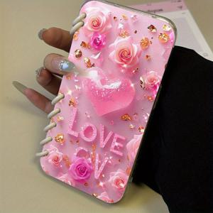TEMU 휴대폰 케이스 - 1개 고품질 신상 핑크 하트 LOVE 프린트 패턴, 패션 플립 커버 노트북 스타일 케이스, 간편한 낙하 방지 미끄럼 방지 휴대폰 케이스, 아이폰 16/16Plus/16Pro/16Promax/15Plus/15Pro/15Promax/15/14Plus/14Promax/14Pro/14/13Pro/13Pr에 적합